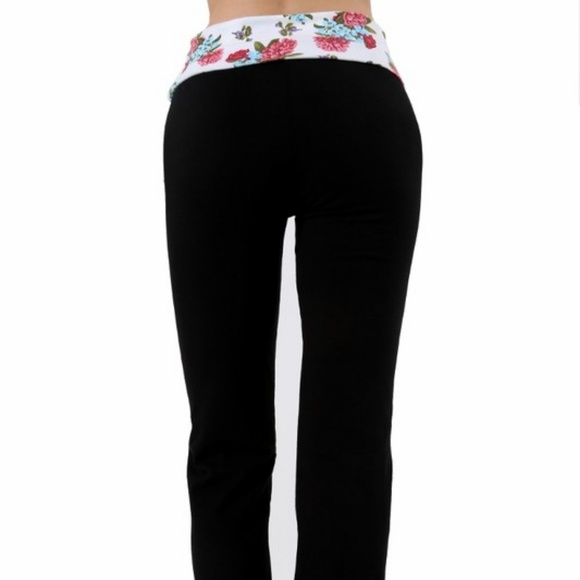 Black Floral Fold Over Stretch Yoga Pants Leggings - Picture 3 of 8